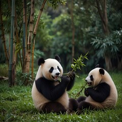 Fototapeta premium Pandas eating bamboo trees