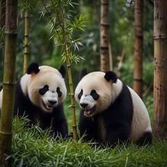 Obraz premium Pandas eating bamboo trees