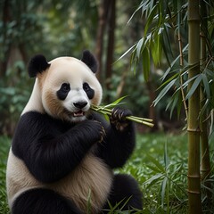 Fototapeta premium Pandas eating bamboo trees