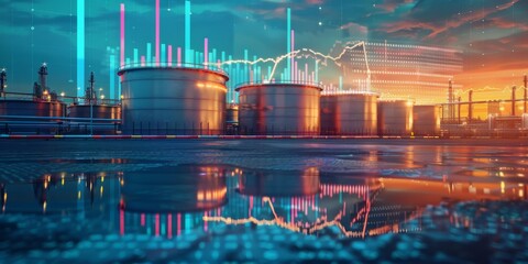 A nighttime view of industrial storage tanks with a digital stock market graph overlay reflecting in a puddle