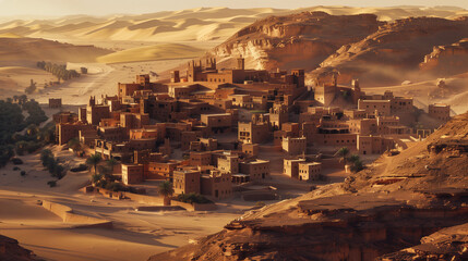 small village in middle of desert with mountains