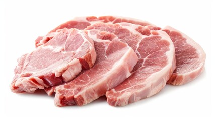 A close-up image of five raw pork chops arranged on a white surface. The chops are ready for cooking and have a fresh