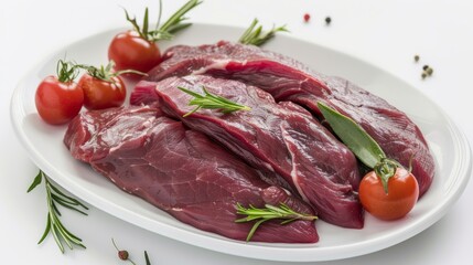Close-up image of raw venison filets arranged on a white plate with sprigs of rosemary