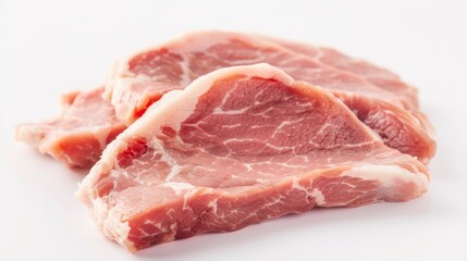 Four slices of raw pork tenderloin on a white background