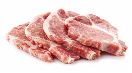 A close-up view of several raw pork chops, arranged in a pile, isolated on a white background