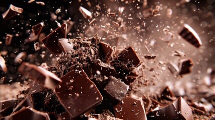 A close-up photo of dark chocolate pieces exploding in mid-air, showing a burst of cocoa goodness