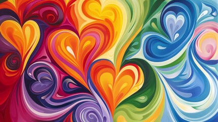 Design a dynamic and energetic composition with swirling, overlapping love hearts in a rainbow of colors