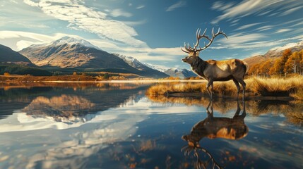 A red deer with large antlers stands on a lakeshore in front of a mountain range. The sun is shining, and the water is reflecting the mountains and sky - Powered by Adobe
