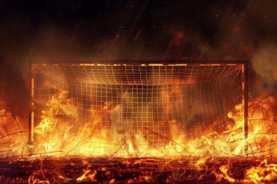 Design a soccer goal surrounded by flickering fire flames, giving a dramatic and intense effect