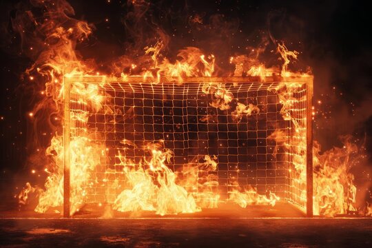 Design a soccer goal surrounded by flickering fire flames, giving a dramatic and intense effect