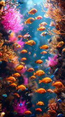 A vibrant coral reef teeming with life, featuring a school of orange fish swimming through the colorful coral
