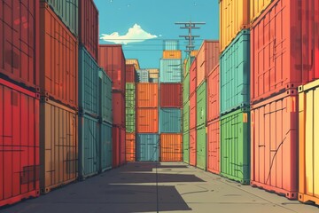Fototapeta premium Detailed illustration of stacked cargo containers arranged in a shipping yard