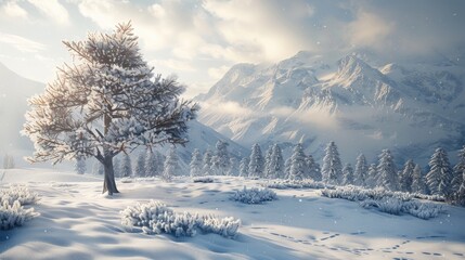 Snowy landscape with an artificial tree