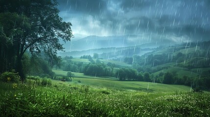 Majestic mountain landscape drenched in a refreshing rainstorm, showcasing lush green valleys and misty hills under a cloudy sky.