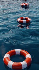 Naklejka premium Red and white lifebuoy rings floating on calm water