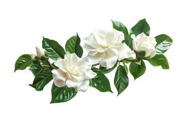 Beautiful white gardenia flowers with lush green leaves, isolated on white background. Perfect for nature and floral-themed projects.