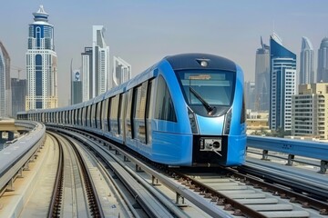 Fototapeta premium Dubai Metro System Public Transport Amidst Skyscrapers and City Skyline
