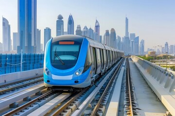Dubai Metro System Public Transport Amidst Skyscrapers and City Skyline