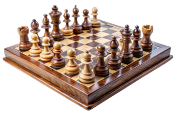 Classic wooden chess set with all pieces in starting position on a polished chessboard, ready for a strategic game.