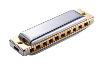 Close-up of a metallic harmonica isolated on a white background, showcasing its shiny sleek design and intricate details.