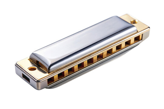 Close-up of a metallic harmonica isolated on a white background, showcasing its shiny sleek design and intricate details.