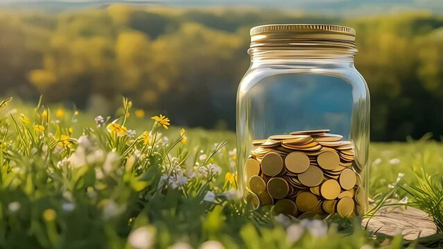 gold coins in a jar on bokeh background. money saving, money matters tips to investment and business financial banking for Financial save money concept
