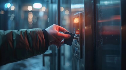 Person's hand inserting a key card into a modern access control system with a glowing digital display in a dimly lit environment.