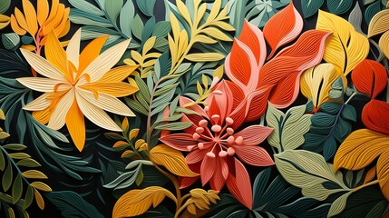 An abstract pattern of tropical leaves and flowers, interwoven in a vibrant tapestry of green, red, and yellow hues. Painting Illustration style, Minimal and Simple,
