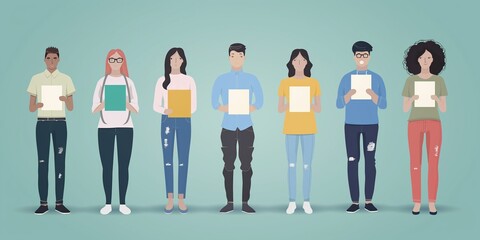 Diverse group of young professionals with papers in their hands on a blue background.