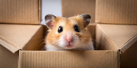 A cute hamster popping out of an oversized cardboard box , hamster, cardboard box, surprise, upscaling, pets, small animals, rodent, playful, adorable, pet photography, funny, quirky