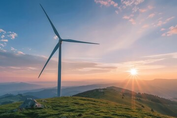Green Energy Vision Wind Turbine on a Hilltop During Sunset