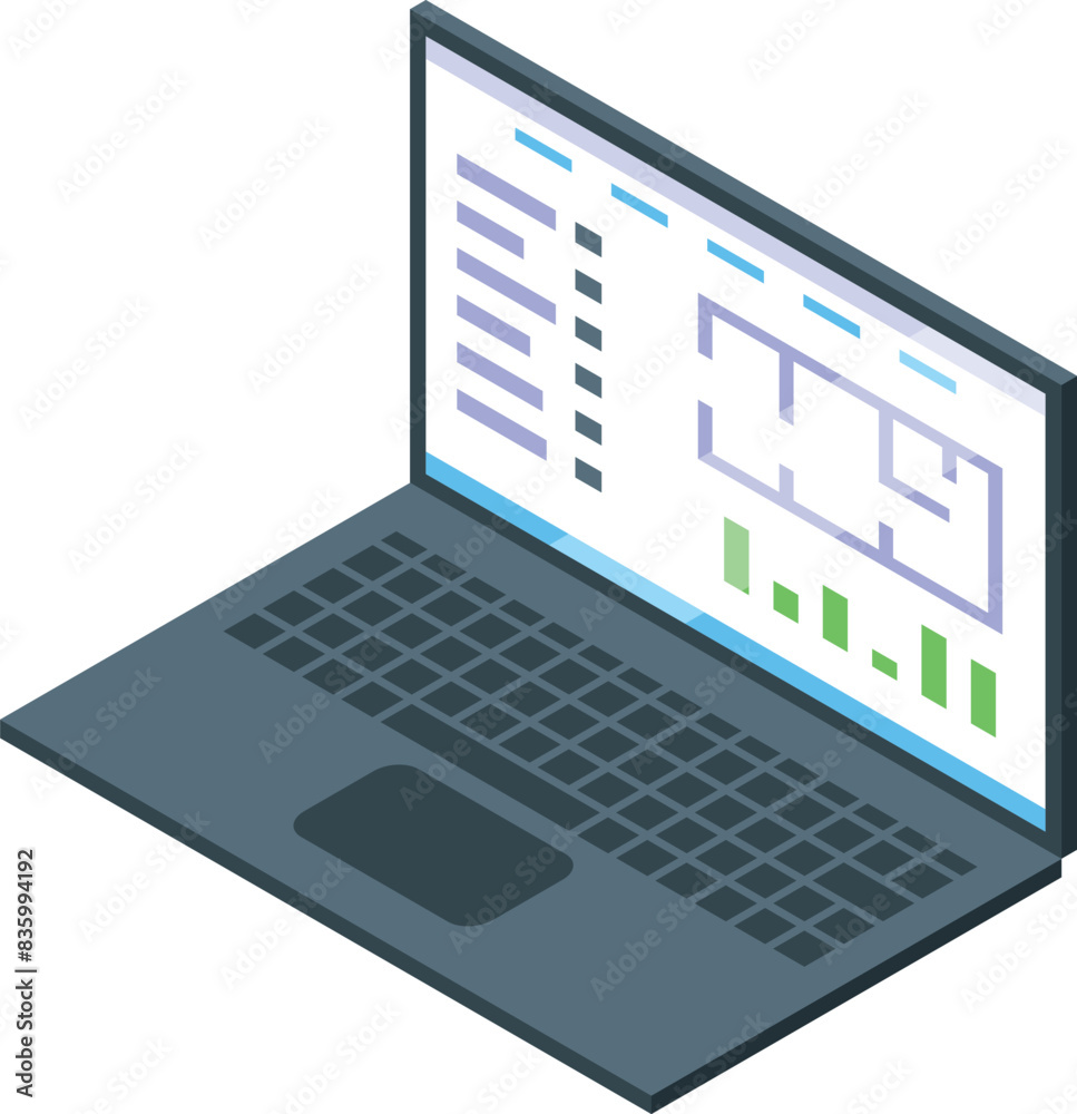Poster 3d isometric illustration of open laptop showing graphs and data analysis on screen