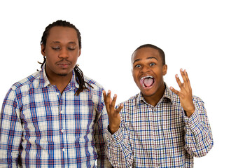 Portrait two men, friends, one being excited, smiling, happy, other serious, concerned, gloomy,...