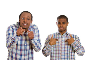 Closeup portrait two men, one pointing at himself, confused, denying mistakes, other serious, angry...