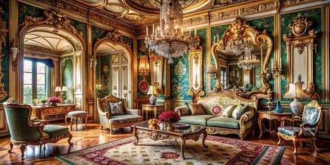 Opulent Baroque style interior design with ornate details and rich fabrics, luxurious, extravagant, lavish, elegant, ornate, intricate, opulence, vintage, grand, regal, sophisticated
