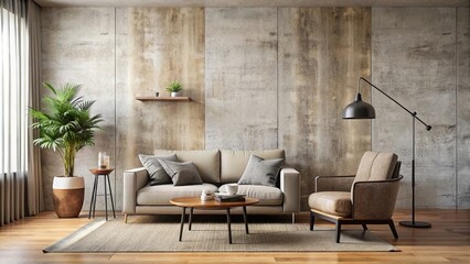 Modern living room with textured empty wall in neutral tones. Japandi interior design with black minimalist lamp, gray armchair and coffee table, modern, living room, textured, wall