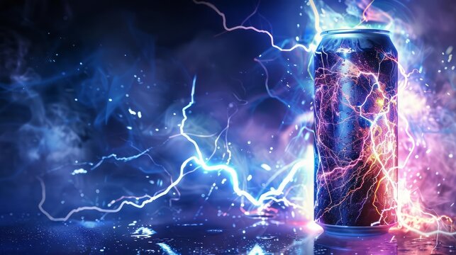 Lightningthemed energy drink can, symbolizing high energy and intense power