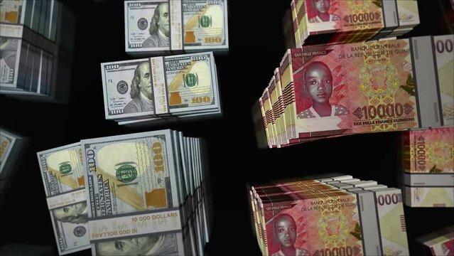 American Dollar and Guinea money Guinean francs money exchange. Paper banknotes pack bundle. Concept of trade, economy, competition, crisis, banking and finance. Notes loopable seamless 3d animation.