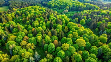 Aerial view of lush green forest with open clearings in spring and summer , forest, clearing, bird's eye view, landscape, nature, trees, greenery, summer, spring, scenic, aerial