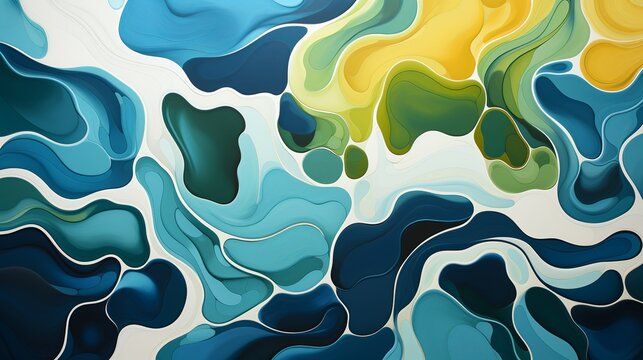 An abstract aerial view of winding rivers cutting through lush green forests, resembling intricate veins on the Earth's surface. Painting Illustration style, Minimal and Simple,