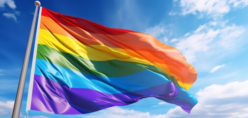 Rainbow pride flag waving in the wind against a blue sky, celebrating Pride Festival_LG227.