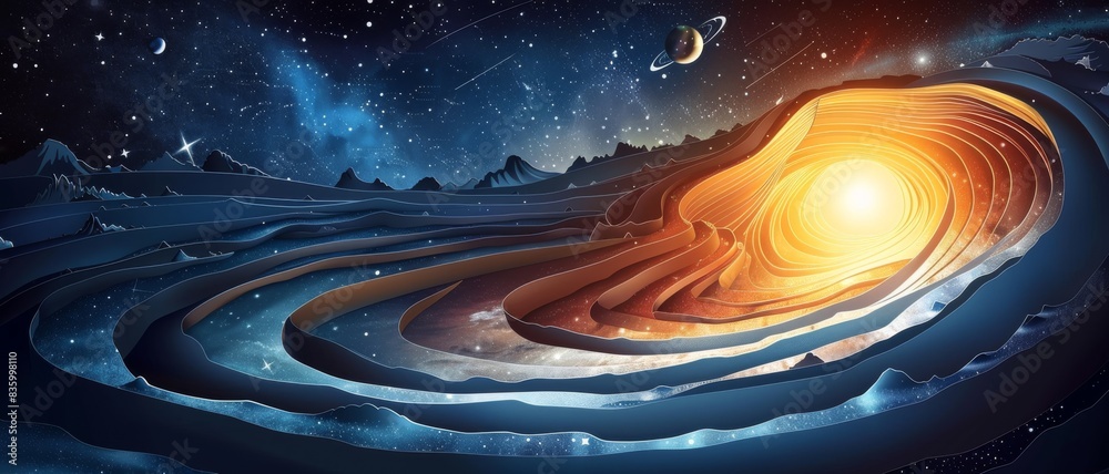 Wall mural a space scene with a large orange object in the center