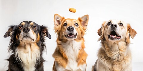 Studio shot of adorable dogs catching treats on a white background, pets, cute, animals, training, obedience, playful, tricks, reward, tossing, snack, catching, action, adorable, furry