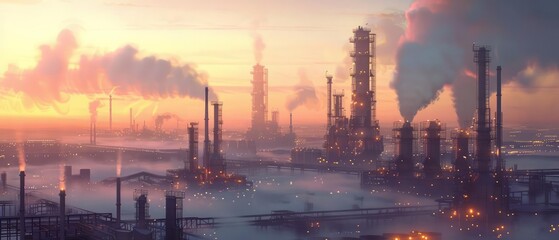 Vast Oil Refinery at Dawn 3D Rendering of a Clear Morning with Industrial Details
