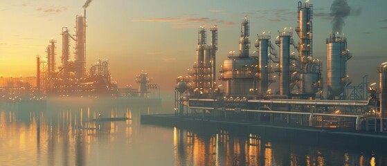 Naklejka premium Vast Oil Refinery at Dawn 3D Rendering of a Clear Morning with Industrial Details