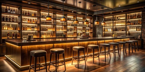 Empty bar with dimly lit ambiance, bar stools, counter, and bottles on shelves, bar, cafe, middle manager, late 40s, coaching, empty, interior, dimly lit, ambiance, bar stools, counter