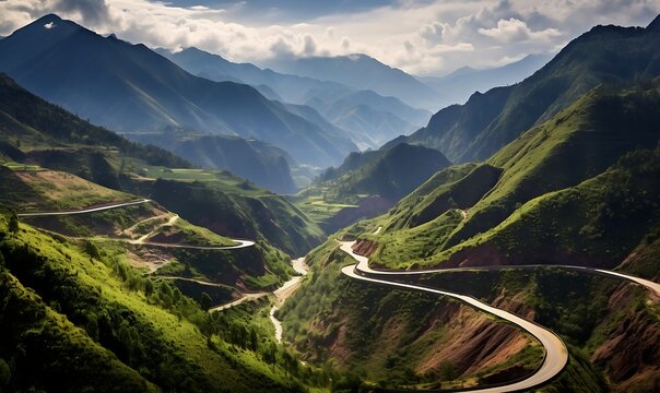 Winding road in the mountains at sunset. Beautiful nature landscape.