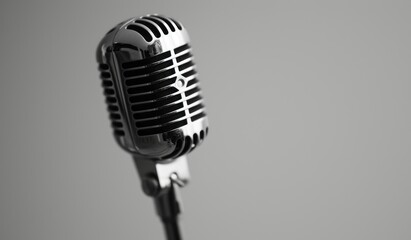 Fototapeta premium A mic is presented against a white background, in a bold black and white style, showcasing the human form in a grand manner with light black and silver tones.