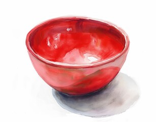 A red bowl is placed on a white background, featuring raw brushstrokes, an aerial view, rounded forms, and chalky textures.