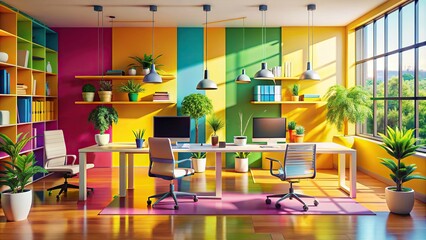 Vibrant and colorful mockup image of a creative agency's studio workspace, workspaces, office, design, creativity, colorful, artistic, inspiration, decor, interior, modern, furniture, desk